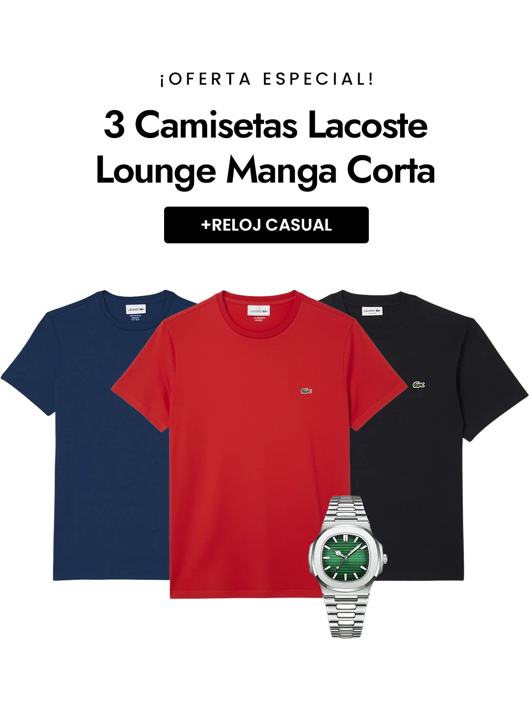 3 Camisetas Lacoste Lounge Manga Corta + Reloj Casual